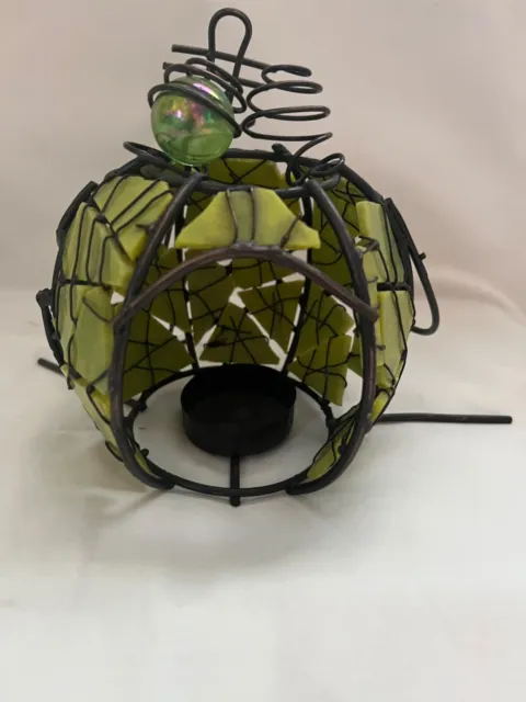 Lime Green Mosaic Candle Votive Holder Glass Bowl Globe With Wire Cage