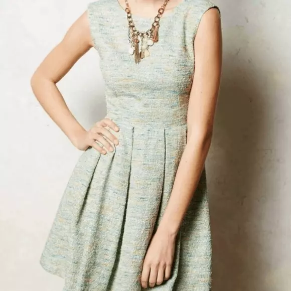 Anthropologie Paper Crown Green Metallic Tweed Dress Size Small