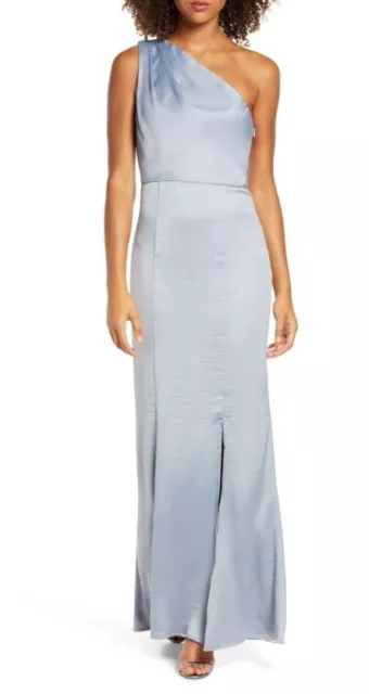 Chi Chi London Women's Eden One Shoulder Satin Trumpet Gown in Blue Size 6 $120