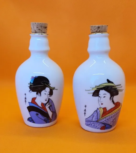 Japanese Pottery Sake Bottle TOKKURI Vintage 2pc UKIYOE Woman Liquor