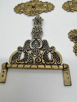 Vintage 6 Brass Metal Ornate Knobs Pulls Handles door KIT from old chest trunk 3