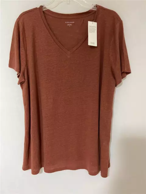 NWT EILEEN FISHER V-Neck 100% Organic Linen Clay Brown Short Slv T Shirt Sz 1X