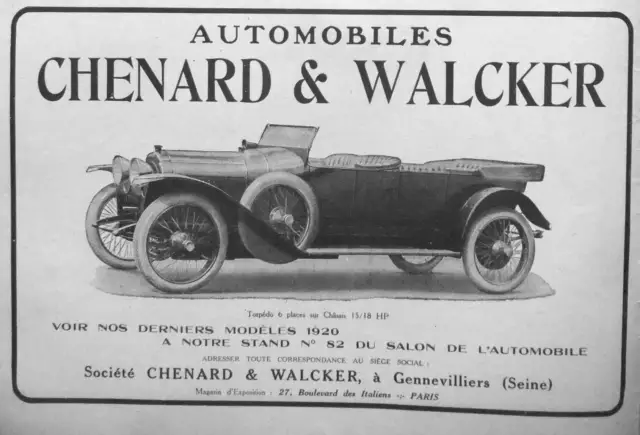 Publicité De Presse 1919 Automobiles Chenard & Walcker Chassis Torpedo 6 Places