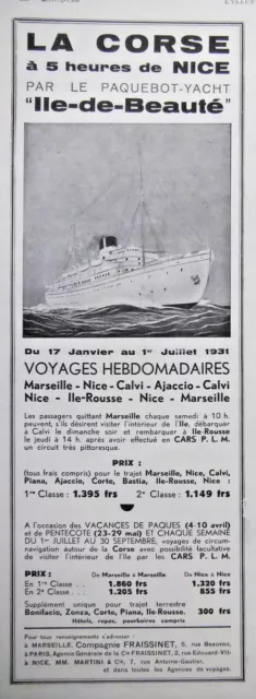 Publicité De Presse 1931 La Corse - Nice Par Le Paquebot-Yacht Ile-De-Beauté