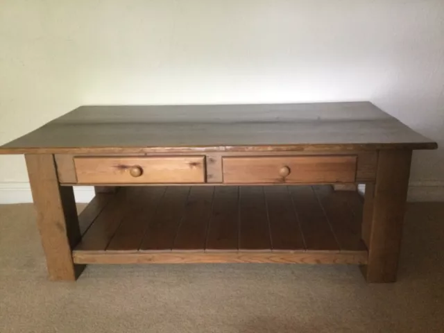 Large solid pine coffee table with shelf and 2 drawers