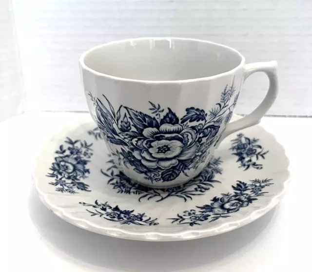 Staffordshire Tea Cup Saucer Floral Roses Blue White Beacon Hill Ironstone #2