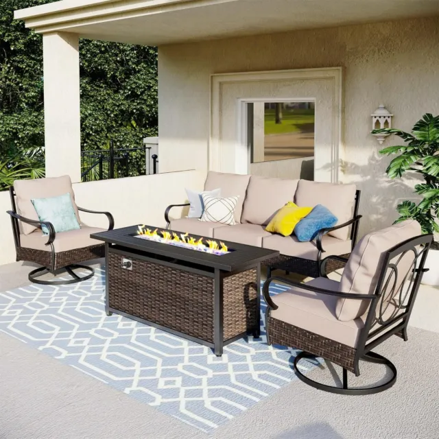 4Piece Oversized Patio Furniture Set w/ Fire Pit Table Outdoor Swivel Sofa Chair