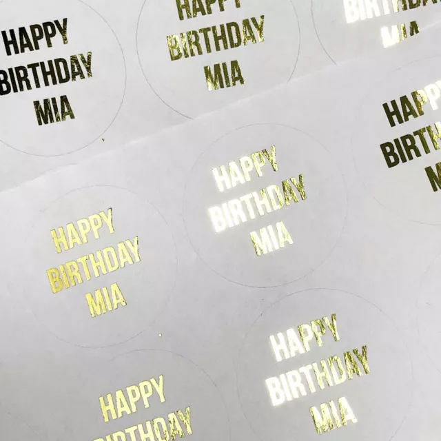 24 Personalised HAPPY BIRTHDAY NAME GOLD FOIL Custom Stickers REAL foil Favor