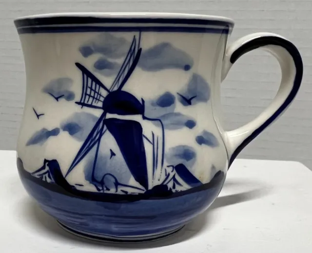 VTG Delft Blue Tea Coffee Cup Hand Painted Windmill Flowers 1984 Holland