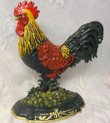 Vintage Cast Iron  Rooster Door Stop Hand Painted Farm Book End Country Decor