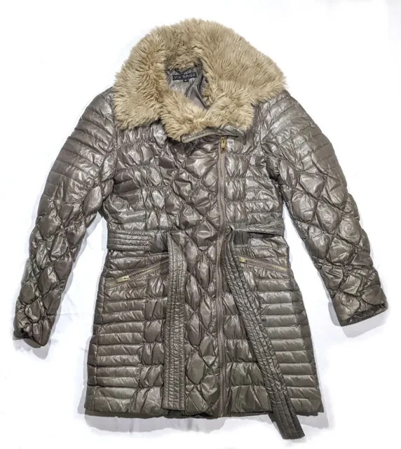 Via Spiga Shiny Metallic Taupe Quilted Faux Fur Collar Womens Medium Puffy Coat