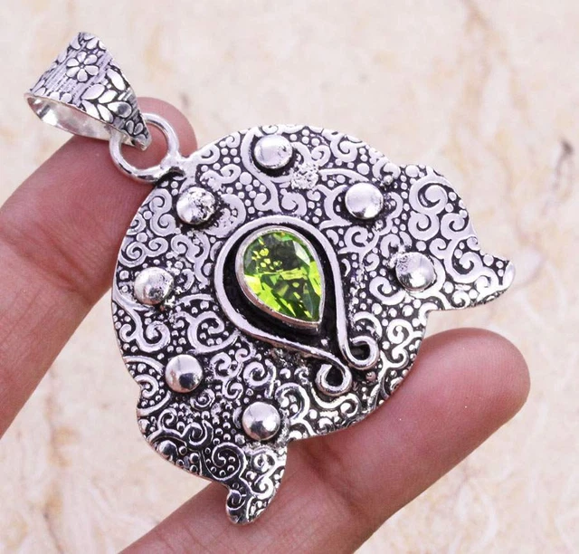 Peridot 925 Silver Plated Handmade Pendant of 2" Ethnic Gift
