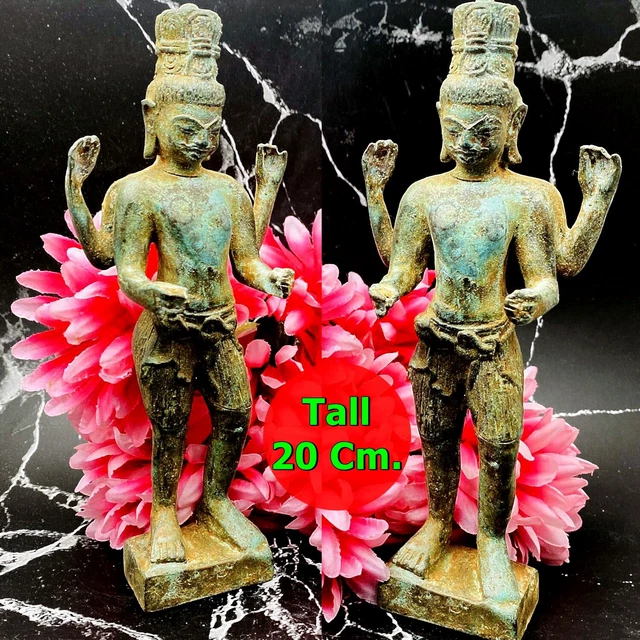 Ancient Khmer Deity Dvaravati Standing Buddha 4hand Green Bronze Statue #17223