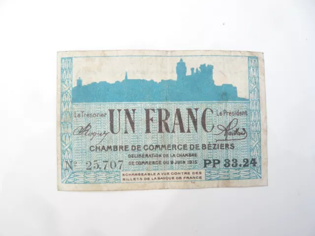 Billet Un Franc Chambre Du Commerce De Beziers 1915