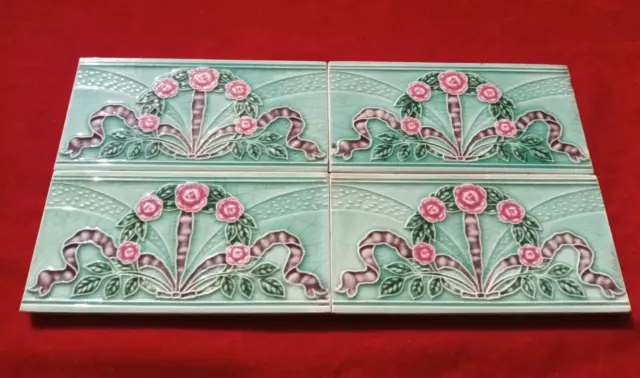 4 Piece Art Deco Small Floral Design Majolica Ceramic Tiles Japan 0297 2