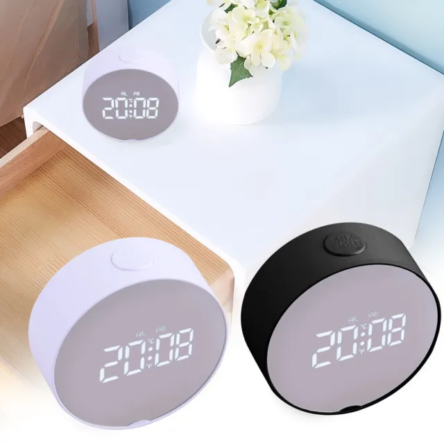 Round LED Digital Alarm Snooze Clock Display Battery Operated USB Cable