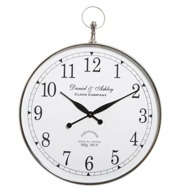 LGE DANIEL & ASHLEY Round Wall Clock Arabic Numerals White Face Nickel Surround