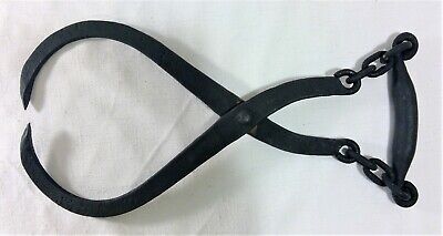 Antique VIVIAN 15.5"L (closed) Cast Iron Ice Block/Hay Bale Tongs Chained Handle
