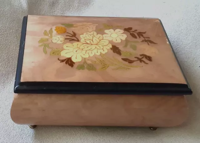Vintage Reuge Romance Music Box , Swiss Movement, Inlaid Wood Jewelry Box Italy