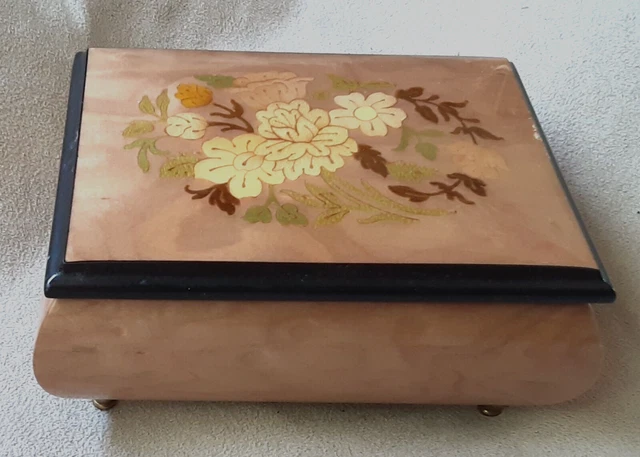 Vintage Reuge Romance Music Box , Swiss Movement, Inlaid Wood Jewelry Box Italy