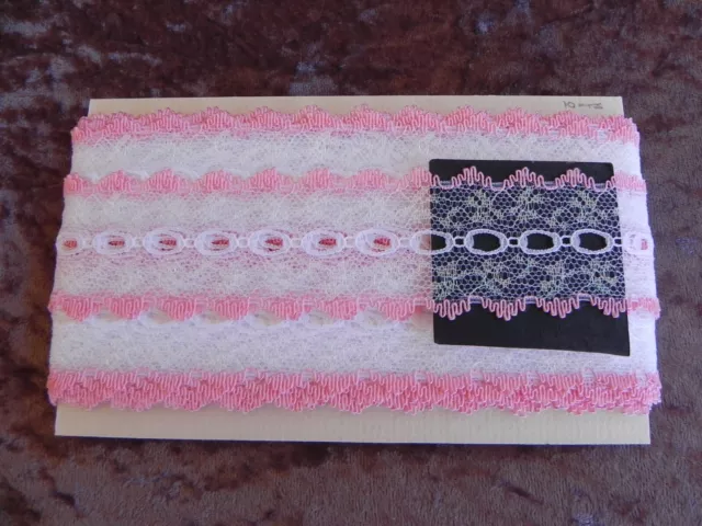 New 10mt card of Knitting/Eyelet Lace - White Sparkle with Pink Edge