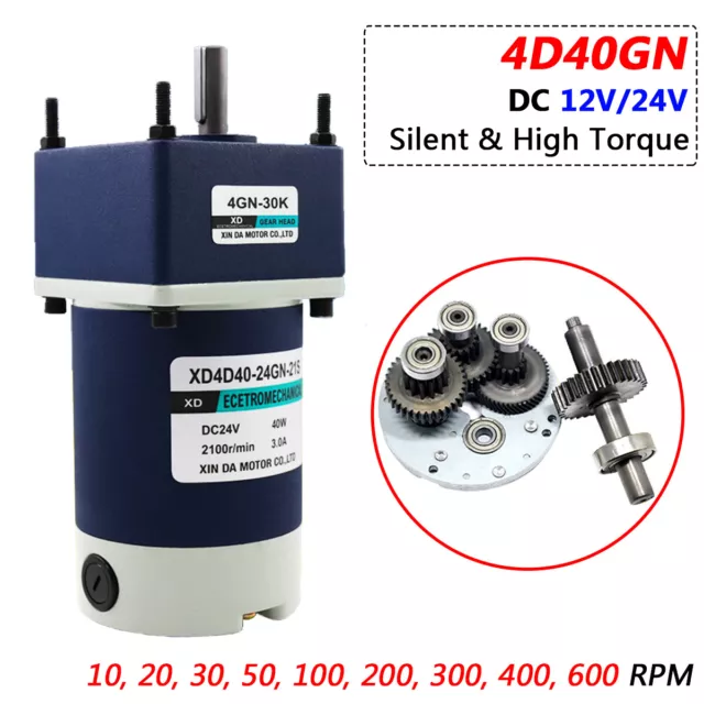 80mm Micro Silent Getriebemotor Metallgetriebe 40W DC 12V/24V 10-600 RPM 4D40GN