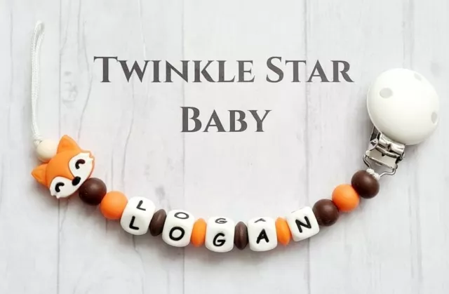 Full Silicone Personalised Dummy Clip Baby Boy Orange Brown Fox Pacifier Chain