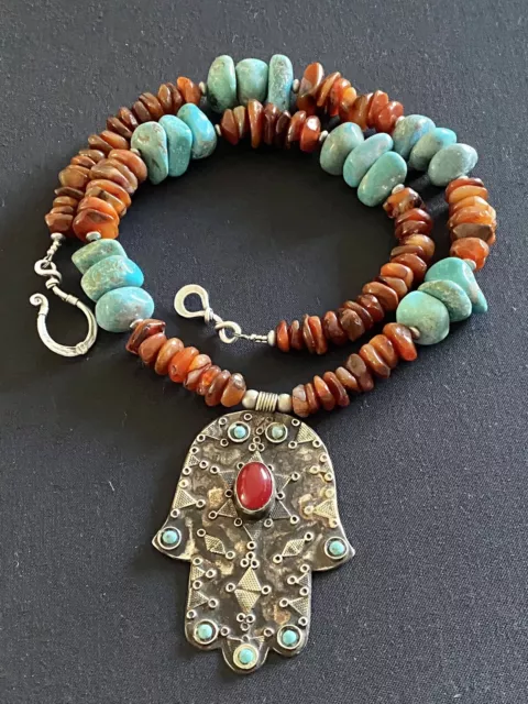 Khamsa Hand of Fatima Hamsa silver & turquoise With Carnelian handmade necklace. 2