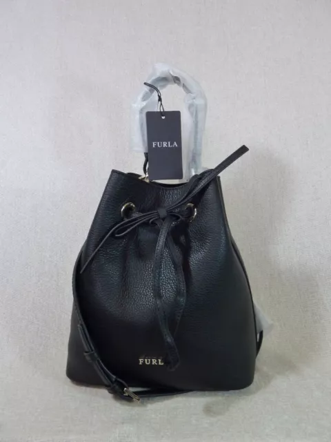NWT FURLA Black Pebbled Leather Small Costanza Bucket Drawstring Tote Bag $388