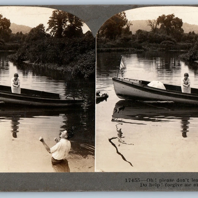 1900 Weird Cute Girl in Boat Real Photo Man in Lake Stereo Card Umbrella V14