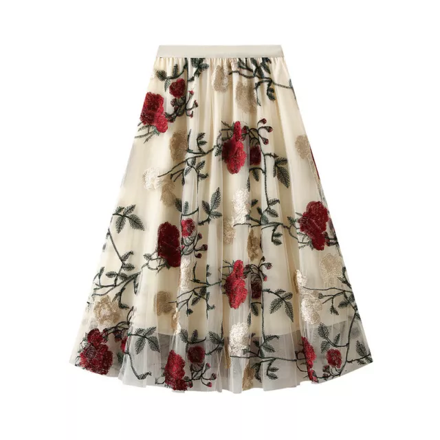 Women's Retro High Waist Embroidered Floral Fashion Mesh Tutu Midi Skirt