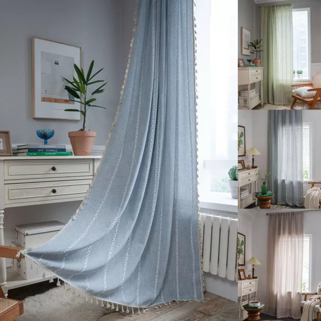Stripe Embroidery Curtain for Living Room Vintage Tassel Window Drape Curtain