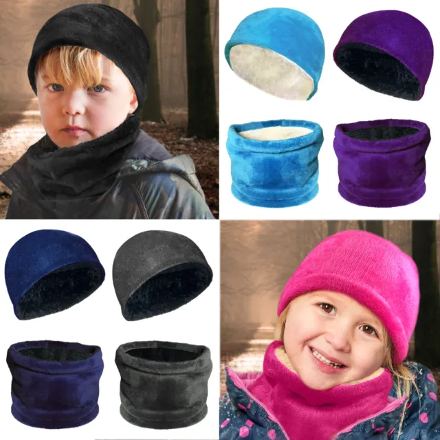 Kids Boys Girls Warm Winter Fleece Lined Hat Scarf Neckwarmer Snood Set