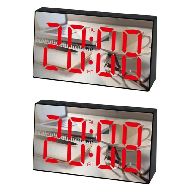 2x sveglia specchio LED, orologio da tavolo snooze digitale, luce sveglia, ora, tempera P7Z4