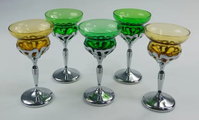 Art Deco Cambridge Glass Farber Bros Krome Kraft Cocktail Glasses Green & Yellow