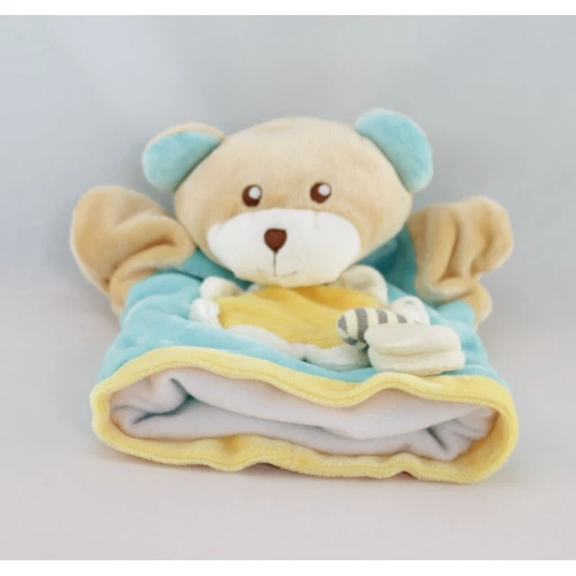 Doudou plat marionnette ours bleu jaune fleur abeille AJENA - 14569