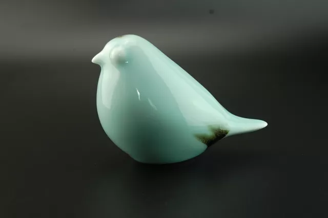 Handpainted Chinese Porcelain Bird Figurine in Celedon Green Glazed New