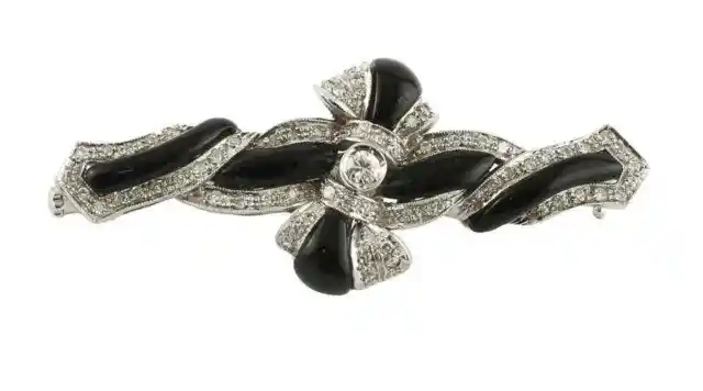 Deep Black Onyx With White Cubic Zirconia Ribbon Design 935 Real Silver Brooch