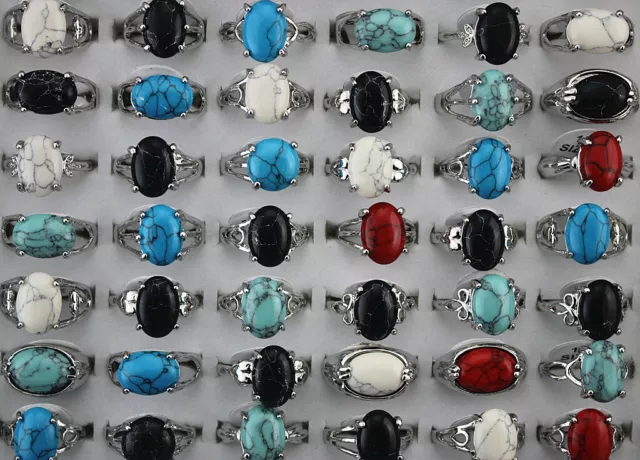 60pcs Wholesale Mixed Lots Silver Plated Lady Natural Stone Classic Womens Ring