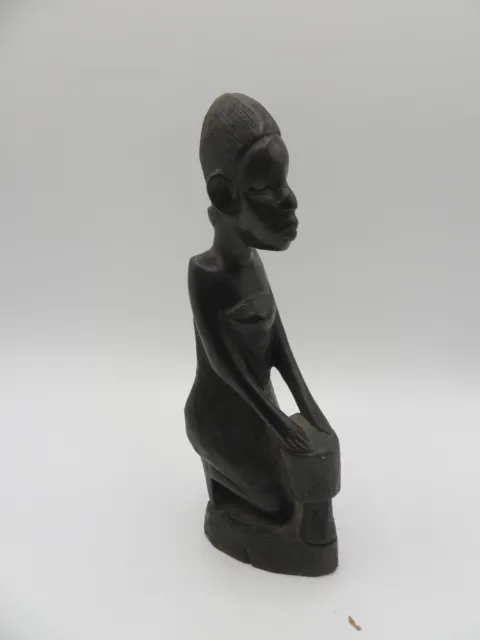 Ebony Hand Carved Wood Sculpture - Kenyan Besmo  - Tribal Figure Woman with Drum