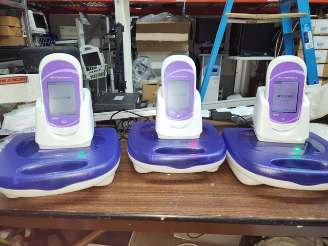 Lot Of 3 Accu-Chek Inform II Cobas W/ 3 Charging Bases 3 Power Cables 3 cases