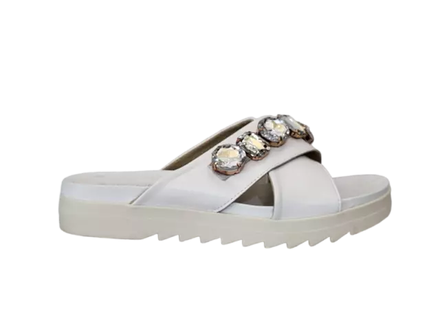 Scarpe Sandali Ciabatta Donna Sofia Piani Pelle Bianco Brillanti Oro Made Italy