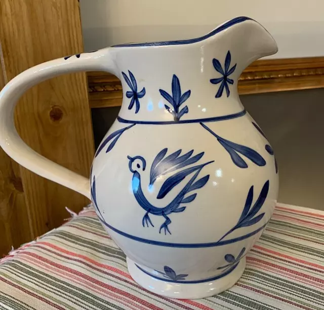 Vtg Wynne Noble pottery pitcher jug vase hand painted blue birds 8in