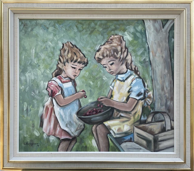Göte Svensson 1926 Retrato de Niño 2 Chica en el Jardín Merienda Cerezas