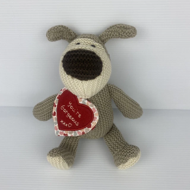 Boofle Plush Dog 8" Soft Brown Knitted Button Love Heart You're Gorgeous