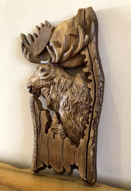 3D carved wooden picture with moose under the moon - art from Ukraine