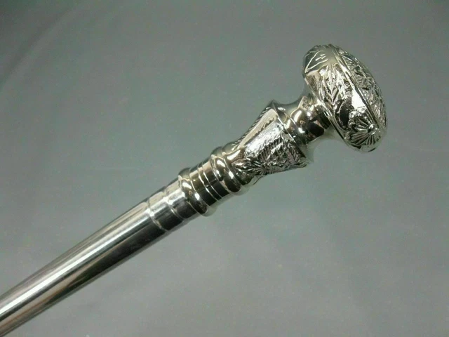 Canne De Marche Luxe En Inox Argent - Poignée Laiton - Fabriquée Main (Inde) - Cadeau Homme