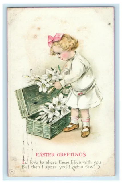 1919 Easter Little Girl Arranging White Lilies Flower In Basket Antique Postcard