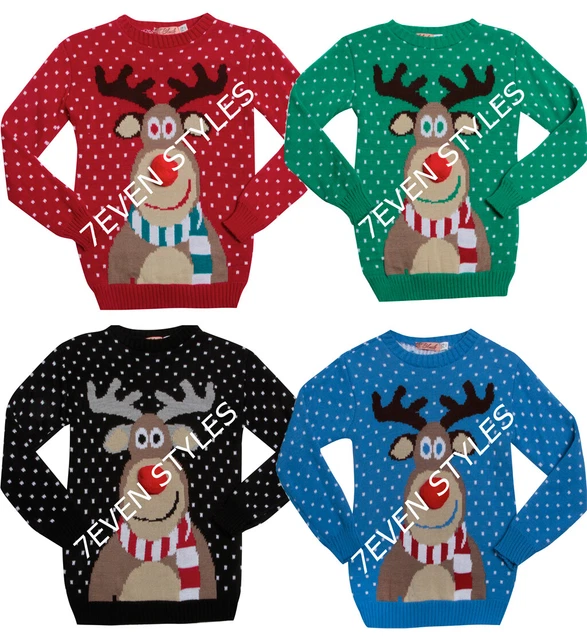 Maglione Natalizio Bambini Pom Rudolph Maniche Lunghe Xmas Ragazzi Ragazze