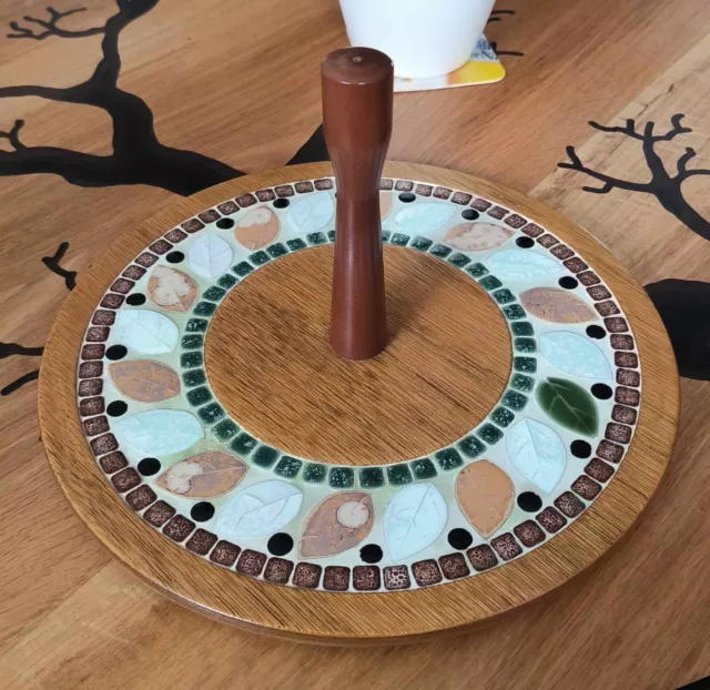 vintage plateau table rond fait main bois feuilles mosaïque céramique art déco